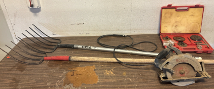 Bosch Saw, (2) Pitchforks, Various Tools