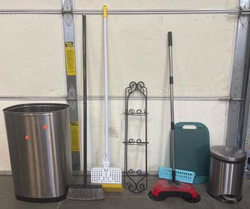 Silver Trashcans (H 2&rsquo; W 1&rsquo; 4&rdquo;, H 1&rsquo; W 9&rdquo;), Brooms, and Home Decor