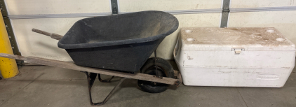 Wheelbarrow with Rubbermaid Cooler