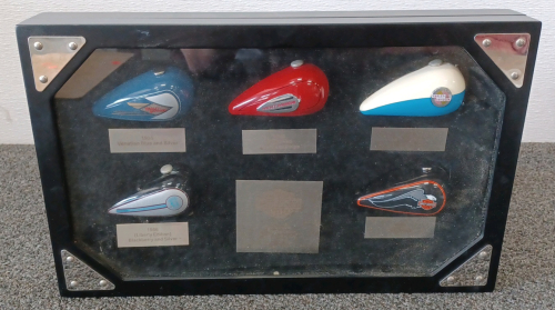 Display Case with Collectible Harley Davidson Tanks