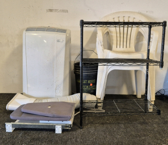 A/C Cooler Unit(Works), Wall Hanging Pull Out Ironing Board, Paint Bucket, (4) Outdoor Chairs, Metal Shelf