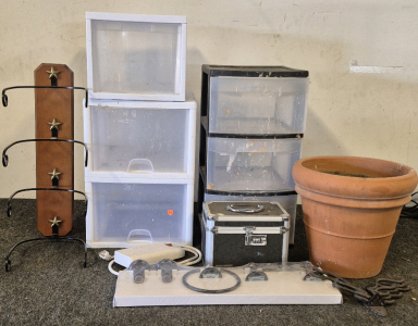 (2) Plastic Storage, Surge Protector, Garden Plant Clay Pot, Wall Mount Decor(2), Bathroom Towel Rack, Lock Box