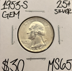 1953-S MS65 GEM SILVER WASHINGTON .25c
