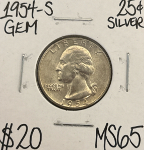 1954-S MS65 GEM SILVER WASHINGTON .25c
