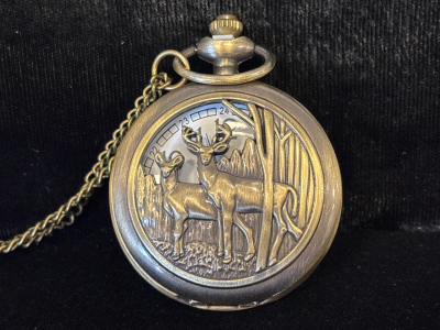 Vintage-Style Brass Toned Quartz Deer Pocket Watch