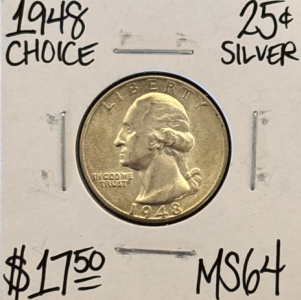 1948 MS64 CHOICE SILVER WASHINGTON .25c