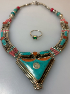 Beautiful Turguoise And Red Coral Large Necklace Inculding Size 8 Faceted Sguara Cut Green EnIerald Ring