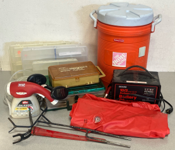 10/2 Amp 12 Volt Battery Charger, Rubbermaid Cooler Dispenser, Tackle Boxes & Organizers, Solar Powered Rope Lights, Blowup Pad & More