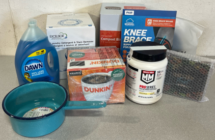1.3 Stainless Steel Compost Bin, Excelsior Detergent & Stain Remover, Dawn Dish Soap, Pro Series Protein Powder Supplement, Knee Brace, Dunkin Decaf Keurig K-Cup Pods & More