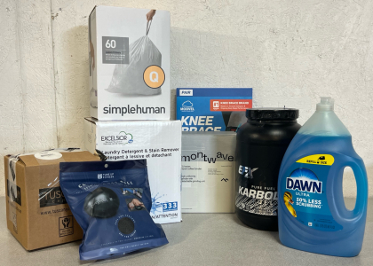 Excelsior Laundry Detergent & Stain Remover (333 Loads), Dawn Dish Soap, Simple Human 60Pc Trash Bags, Pure Fuel Karbolyn Fuel, Self Massage Ball, Knee Brace & Tobacco Leather Scented Candle