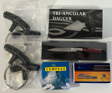 Triangular Dagger, Hunters Toothpick, Rite Edge Pocket Knife, Compass & Wire Saws