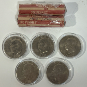 (5) US Eisenhower Dollar Coins & (2) Wheat Backed Penny Rolls W/ 1909-1958 Pennies