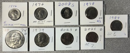 1976, 1976, 2008 S, 1978 Uncirculated, 1989 Uncirculated Quarters, 2025 D, 2023 D Quarters, 1979 Kennedy Half Dollar, 1974 D Eisenhower Dollar