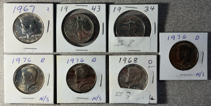 1934, 1943 Walking Liberty Half Dollars, 1967 Kennedy Half Dollar, 1968 D 1976 D /NS (3)