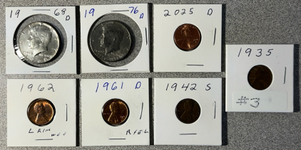 1935, 1942 S, 1961 D, 1962, 2025 D Pennies, 1916 D Bicentennial Kennedy Half Dollar
