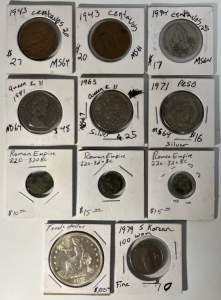 Collectable Coins Including 1943 Centavos 20, 1994 Centavos 25, 1941 Queen Elizabeth II, 1965 Queen Elizabeth II, 1971 Peso, Roman Empire 220-320 BC Coins, 1979 South Korean 100 Won