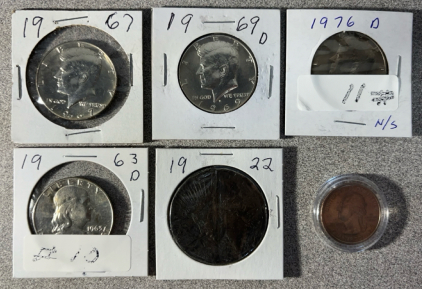 1963 D Thomas Jefferson, <br/>1964 D, 1967 Kennedy Half Dollars, 1976 D Kennedy Half Dollar, 1922 Piec Dollar, 2020 W Westpoint Quarter