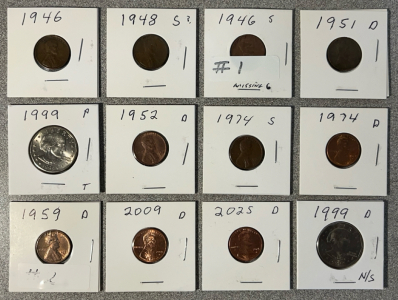 1946 S Missing 6, 1946 Penny 1948 S, 1951 D, 1952 D, 1999 Susan B Dollar, 1959 D<br/>1974 D, 1974 S, 2009 D, 2025 D Pennies, 1999 D Susan B Uncirculated