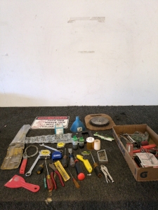 Screw drivers and other tools including Wrench's and tape measures