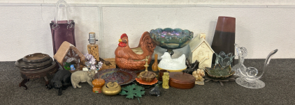 Home Decor Including Fall Dishes, Rooster Bowls, Cat Figurines, And Wood Lamp Stand