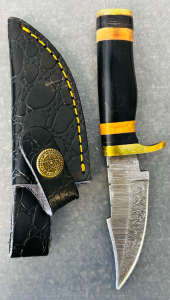 Damascus Steel Blade Horn Handle Rat-Tail Fixed Blade Knife With Sheath- 6" Overall Length
