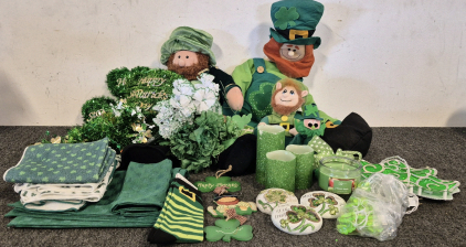 St Patrick's Day!!! Table Mats, Dish Towels, Socks(New), Garden Rock Decor, Hanging Signs, Plush Dolls, Candle, Electric Candles, Light Shamrock(Works), Mini Light Shamrocks(Unable to Test), Floral Decor