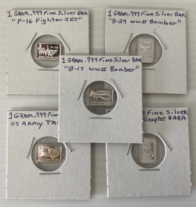 (5) 1-Gram Silver Bars “WWII Bombers/ Fighter Jets/ Helicopter/ Tank”