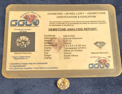 3.00ct Diamond, Round Cut, With Gurgaon Gem Lab Certification