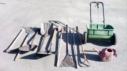 Seed Spreader, Shovels, Water Pale, and More