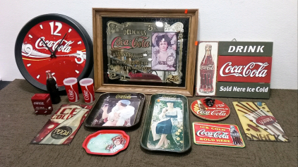 Antique Coca Cola Mirror (23.25"L x 19"H), Clock (19.25"), Signs, and more