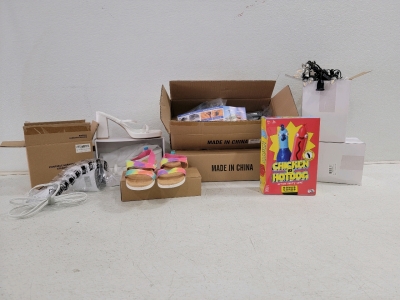 (2) Pipe Adapters, (1)Portable Clothing Steamer, String lights, (1 pair) Size 3-4 Kids Shoes, (1 pair) Size 10 Women's Shoes, Chicken vs HotDog game