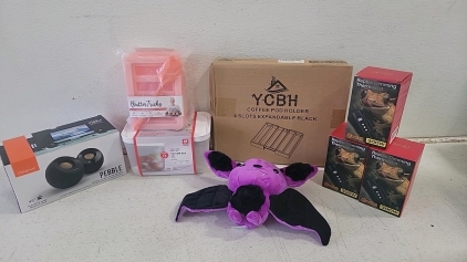 (1)Zwilling Vacuum Box Set, (1) Pebble Speakers, YCBH Coffee Pod Holder, (3) Reptile Dimming Thermostat,