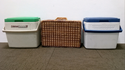 Wicker Picnic Basket and (2) Coleman Coolers