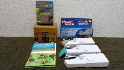 (3) Handy Stitch Sewing Machine, Recipe Box, and Postcards