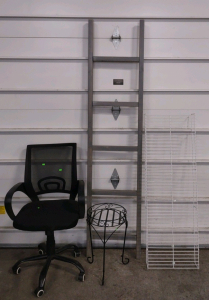 (1) 18"x 78" Blanket Holder, (1) (Black) Swivel Rolling Office Chair, (1) 1'x 1'x 19" (Black) Plant Holder, & (1) 16"x 47"x 5" White Metal Rack