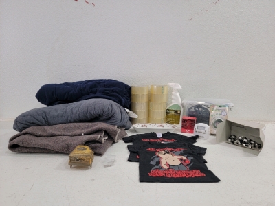 (2) Weighted Blankets, (1) Westland Piano Music Box, (1) Wool Blanket full size, (10) Rolls of 2in. Packing Tape (2) Size 2T t-shirts, (1) Bio-centric Bottom Bracket