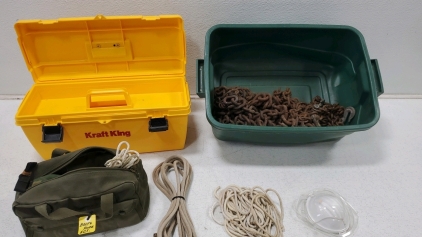 (2) Chains, Tool Box With Rope and More