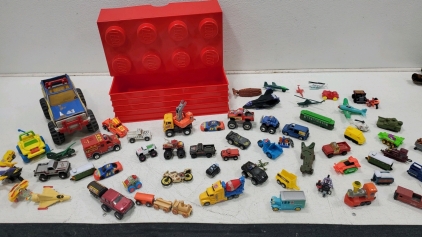 Assorted Toy Trucks and Vintage Tonka Truck And Lego Bin
