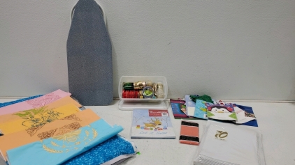 Tote Of Gift Supplies For Holiday And Basket Of Unfinished Quilt Stuff
