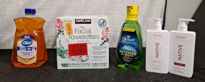 (1) 180 Count Box Of Krkland Facial Towelettes, (1) 52-Oz Bottle Of Dial Liquid Soap, (1) 33-Oz Bottle Of Crest Pro Health Intense Mouthwash & (1) 16.5-Oz, 2-Bottle Set Of Native Shampoo & Conditioner, Warm Cider & Cinnamon