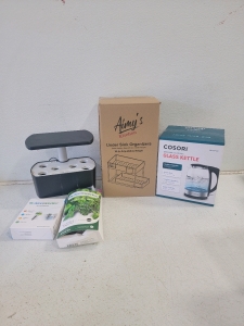 (1)Cosori Electric Kettle, (1) Aero Garden, (1) Undersink Organizer