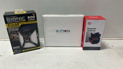 Bell Howell Bionic Spotlight Trio 500 Lumens Solar Powered, AI. Mon Baby Monitor, KJH Switch Storing And Charging Stand