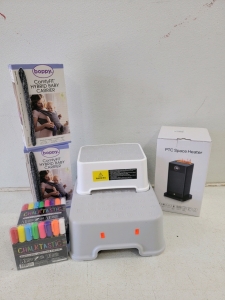 (2)Boppy Baby Carrier, (1)PTC Space Heater, (1)Children's Step Stool, (6 sets) Chalktastic Liquid Chalk Markers
