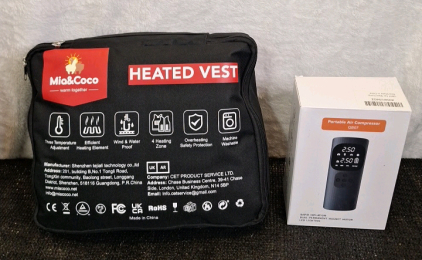 (1) Mia & Coco Heated Vest, Black, XL & (1) Cordless Portable Air Compressor