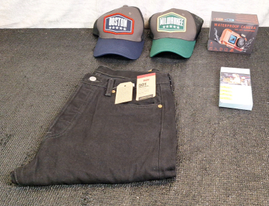 (1) Pair Of Levis 501 Original Jeans, Black, 33W x 32L, (1) Pair Of Wireless Earbuds, (1) Waterproof Digital Camera & (2) Baseball Caps