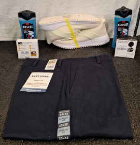 (1) Pair Of Dockers Classic Fit Khaki Pants, Dark Blue, 33W x 32L, (1) Pair Of Sneakers, Beige, Size 11-US / 45-EU, (1) Pair Of T16 Wireless Earbuds, (1) Car Cell Phone Mount & (2) 13.5-Oz Bottles Of AXE 3-In-1 Mens Body Wash