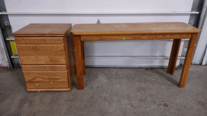 (1) 19&frac12;"x 16&frac34;"x 27&frac12;" Vintage 2-Drawer Wooden Filing Cabinet & (1) 52"x 16"x 27&frac12;" Vintage Wooden Couch/Hallway Table