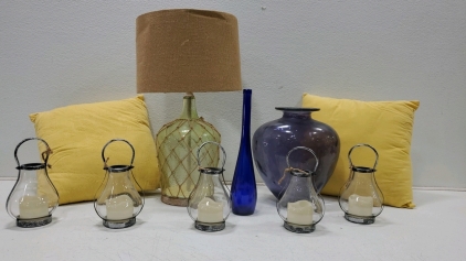 (5] Lanterns,(1) Purple Vase, Lamp and More