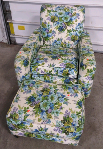 Blue Floral Upholstered Armchair w/ a Matching Ottoman
