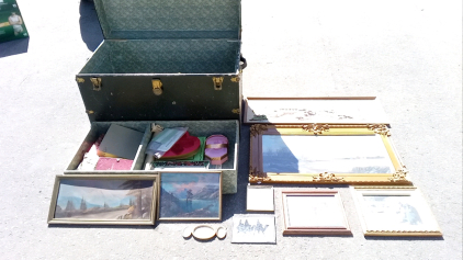 Antique Trunk (20.5"L x 36"W x 23"H), Paintings, Vintage Newspapers, and More